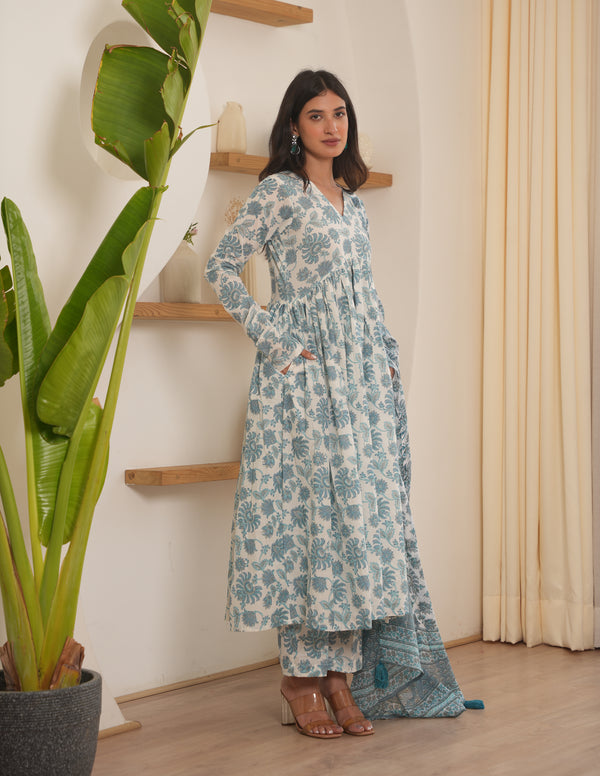 Murat White Blockprint Cotton Suit Set