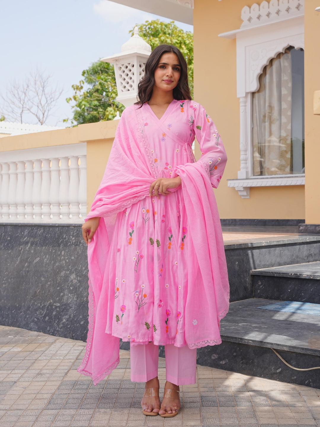 Pink Daisy Chanderi Angrakha Kurta Set
