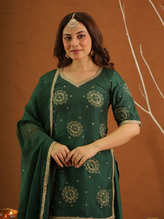 Tarannum Green Muslin Zariwork Sharara Set