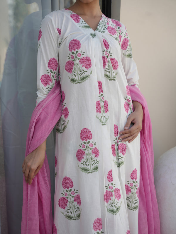 HIBISCUS WHITE COTTON BLOCK PRINT SUIT SET