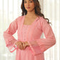 Peach Schiffli Cotton Kurta Set with Pants & Organza Dupatta