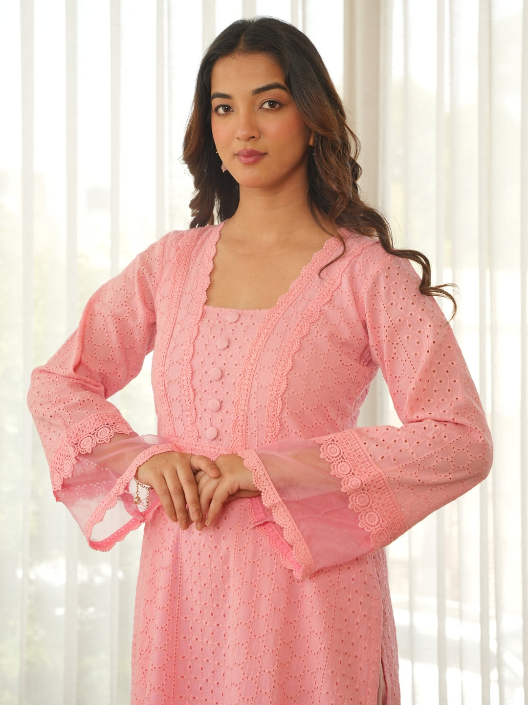 Peach Schiffli Cotton Kurta Set with Pants & Organza Dupatta