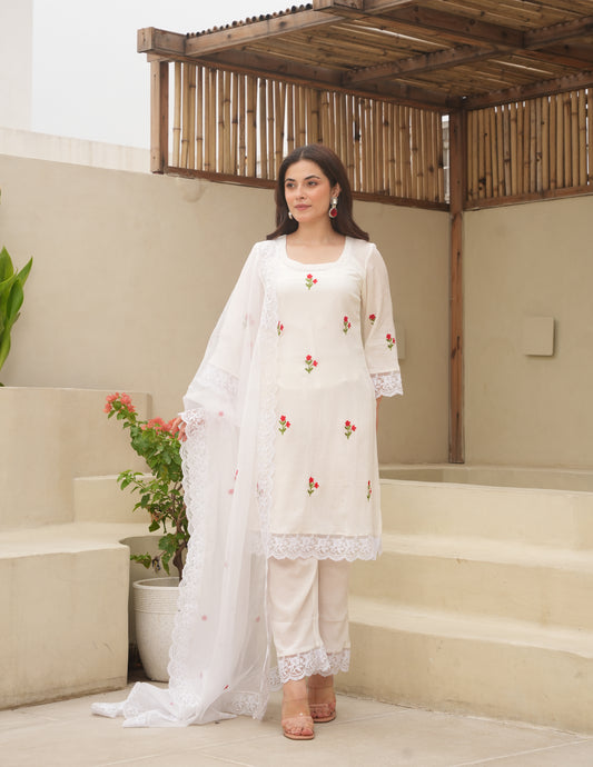 Shy White Embroidered Crushed Cotton Suit Set