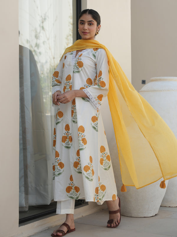 YUCCA WHITE COTTON BLOCK PRINT SUIT SET