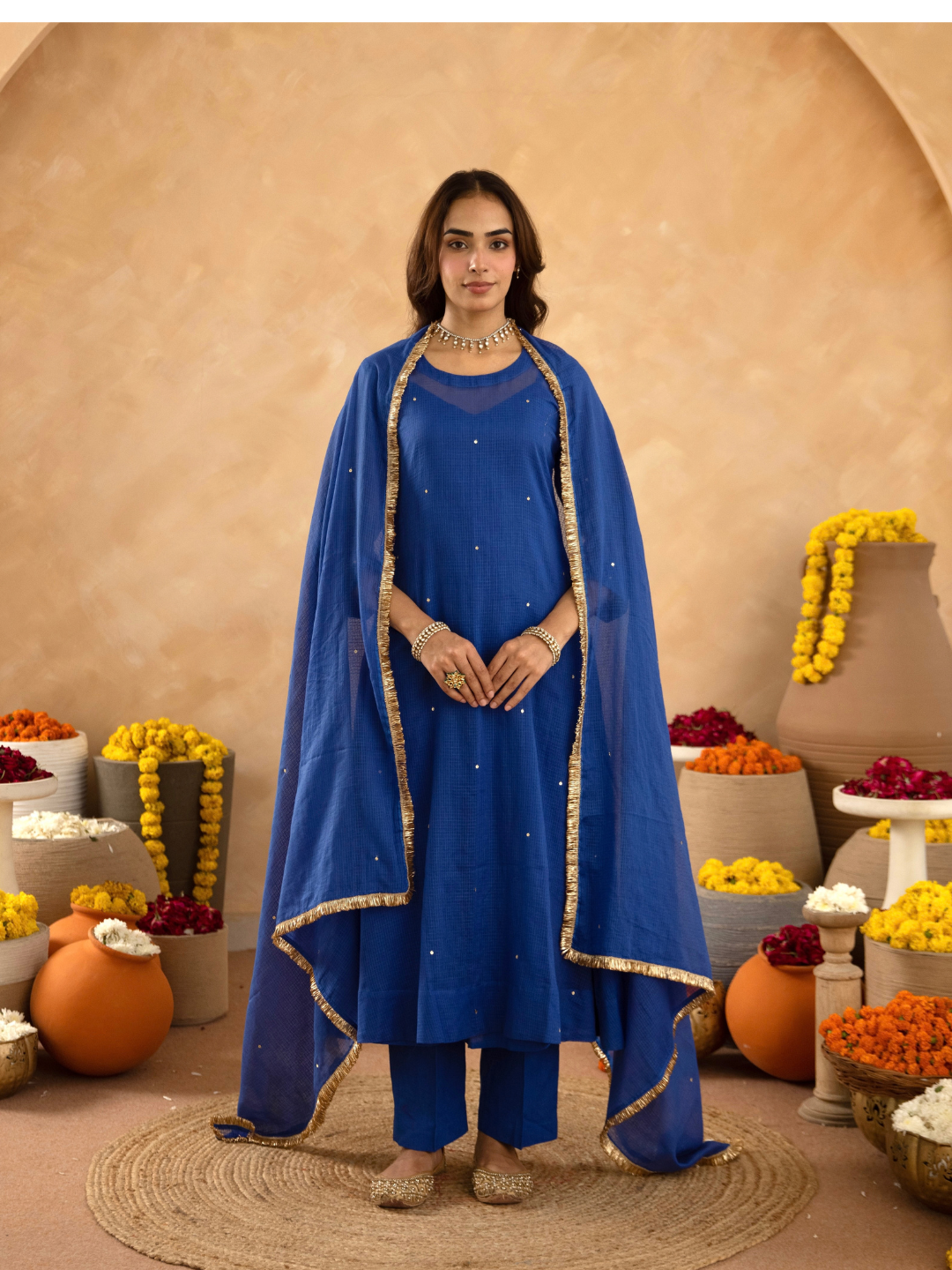 "Royal Blue Doria Hand Embroidered A- Line Kurta  Set"