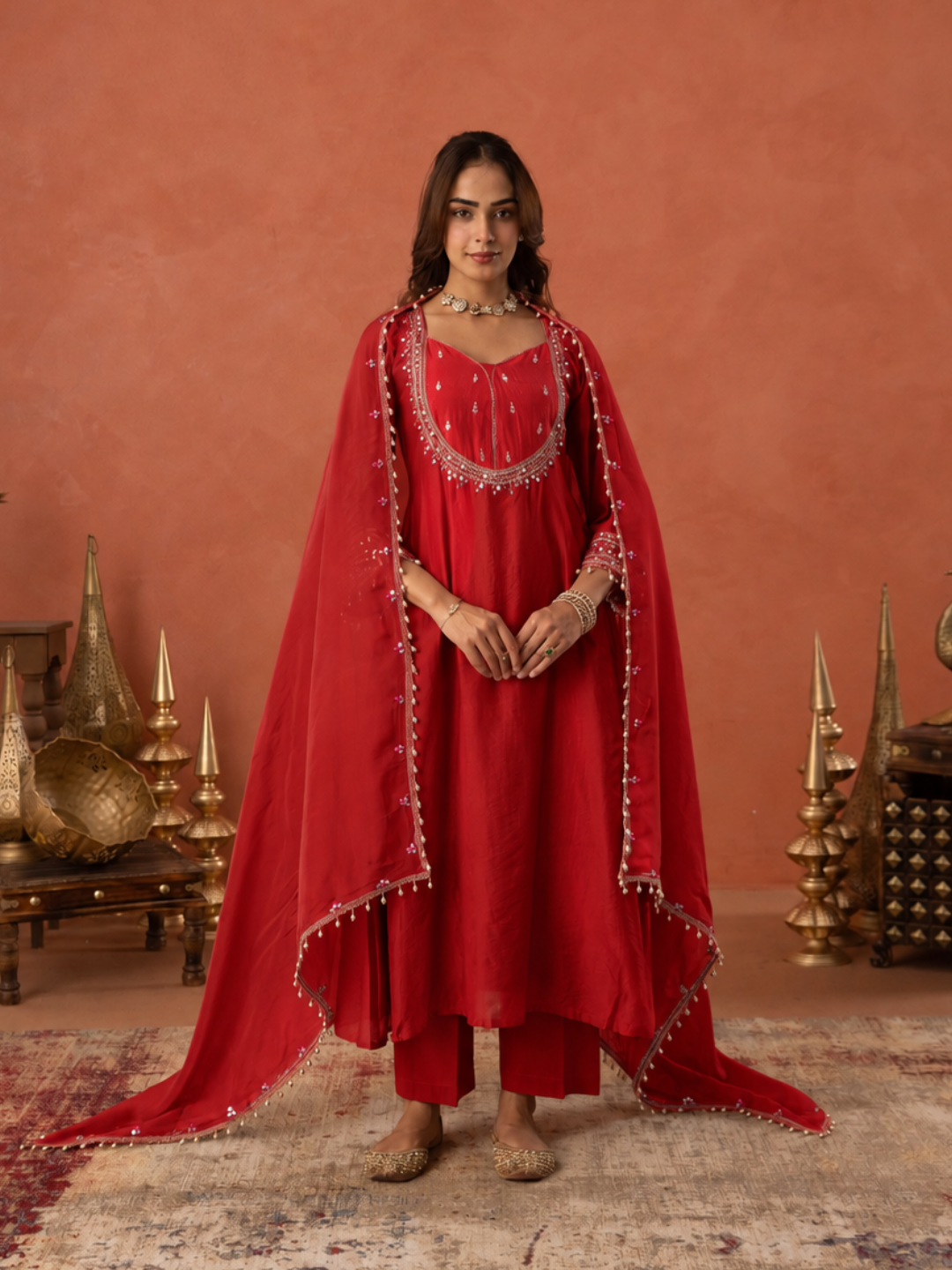 Red Chanderi Mirrorwork A- Line Kurta Set