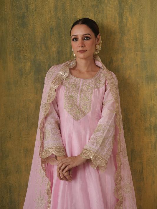 Gulbano Blush Pink Silk Aari Anarkali Set