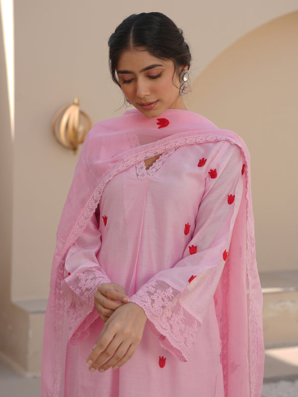 TULIP PINK CHANDERI EMBROIDERED SUIT SET