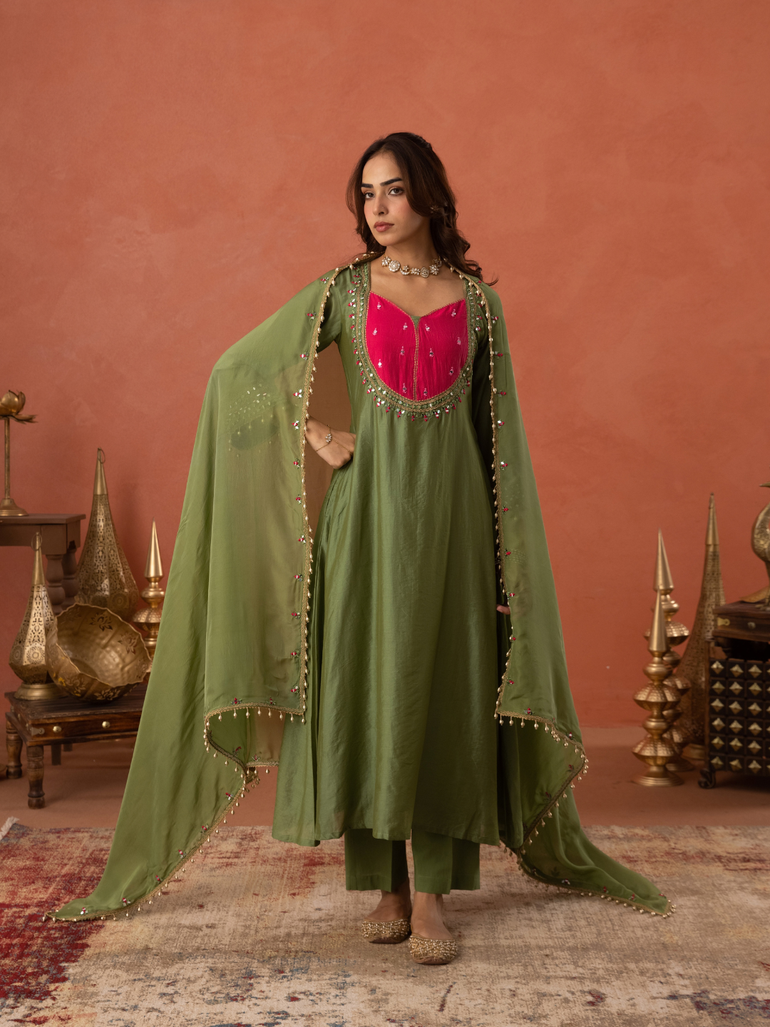 Olive Green Chanderi Mirrorwork A- Line Kurta Set