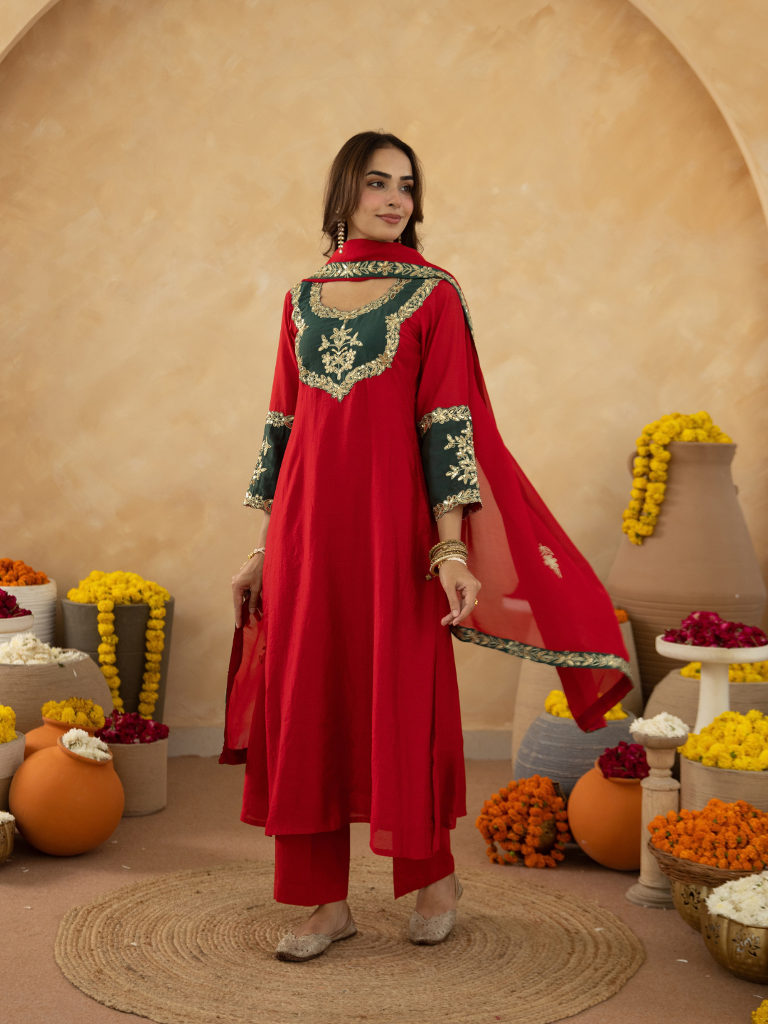 Red Chanderi A-Line Kurta Set with Handwork Detailing &  Organza Dupatta