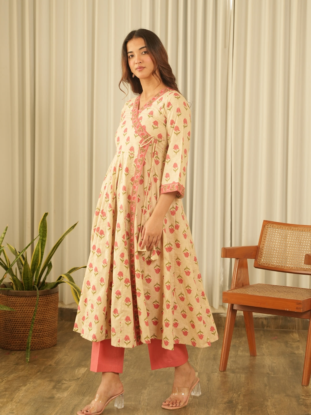 Beige Floral Angrakha Screen Print Kurta Set with Pant & Dupatta
