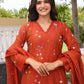 Rust Brown Chanderi Floral Embroidered Kurta Set