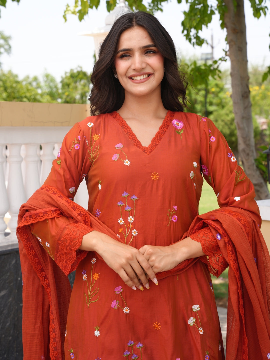 Rust Brown Chanderi Floral Embroidered Kurta Set