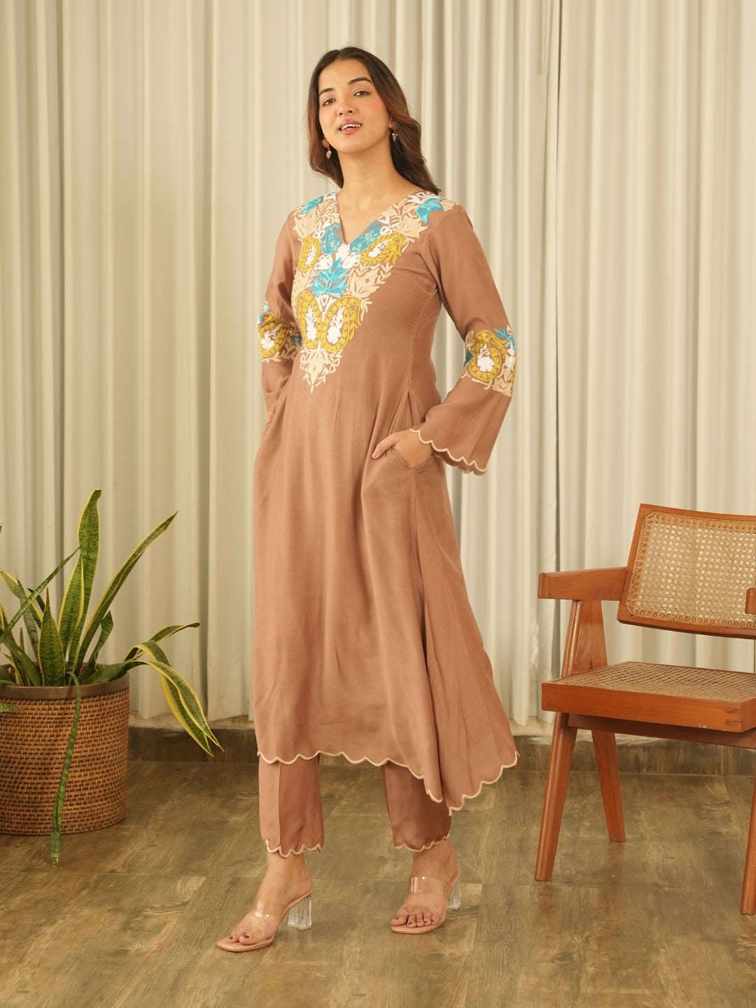 Mocha Brown Muslin Kurta Set with Pants