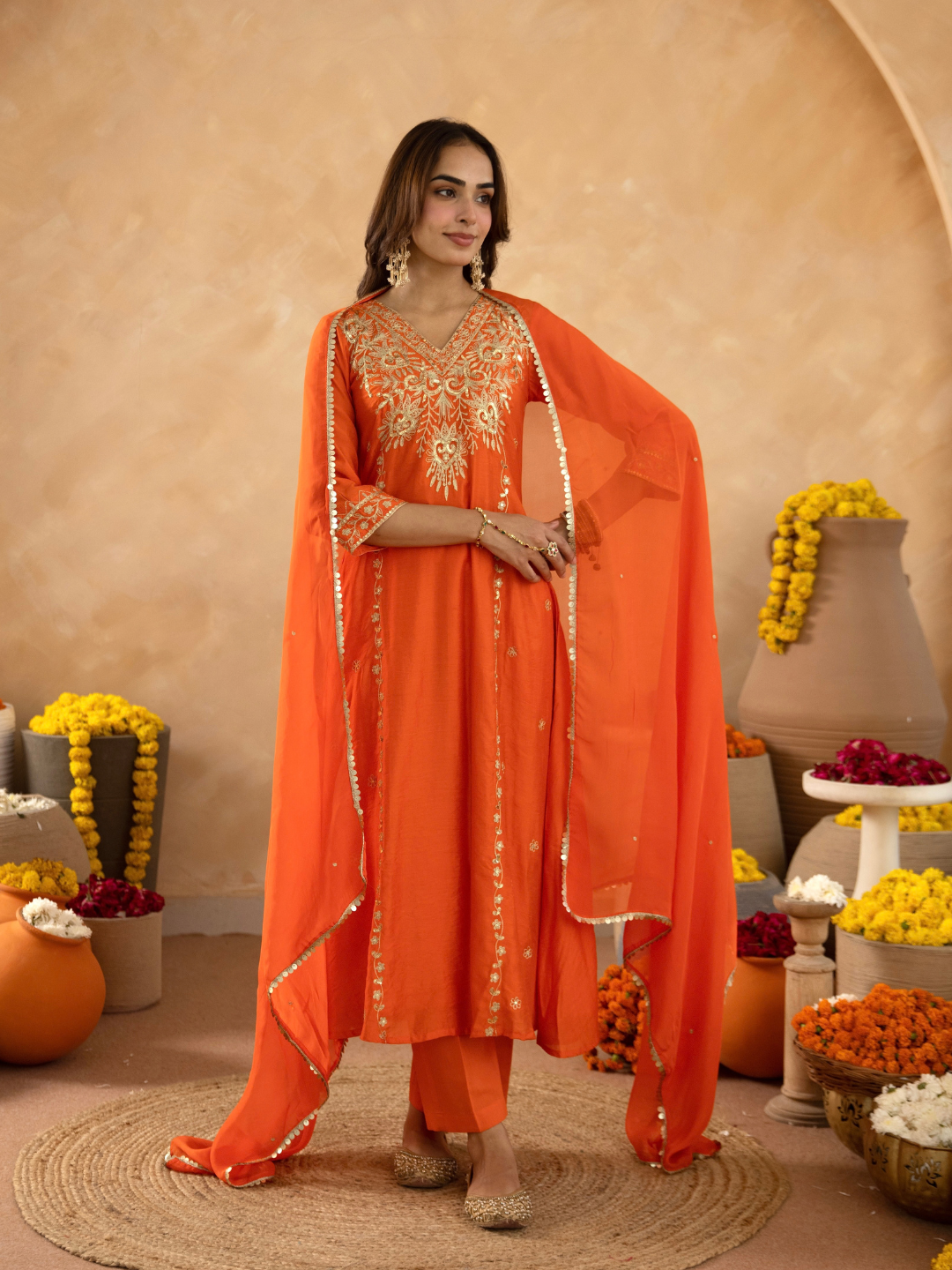 Rust Brown Chanderi A- Line Suit with Aari and Sequnce Work  Detailing