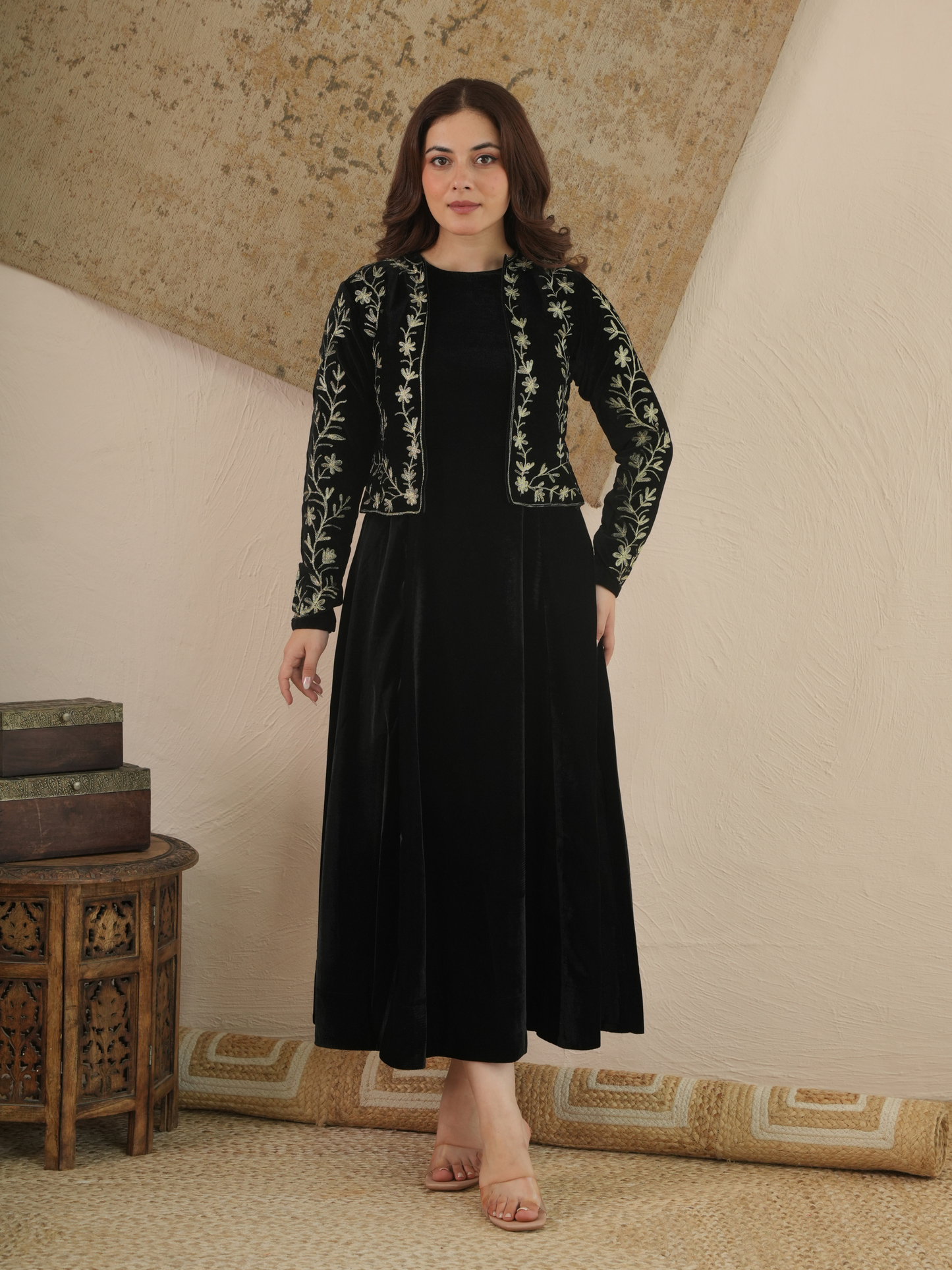 Aira Noir Velvet Embroidered Jacket Dress