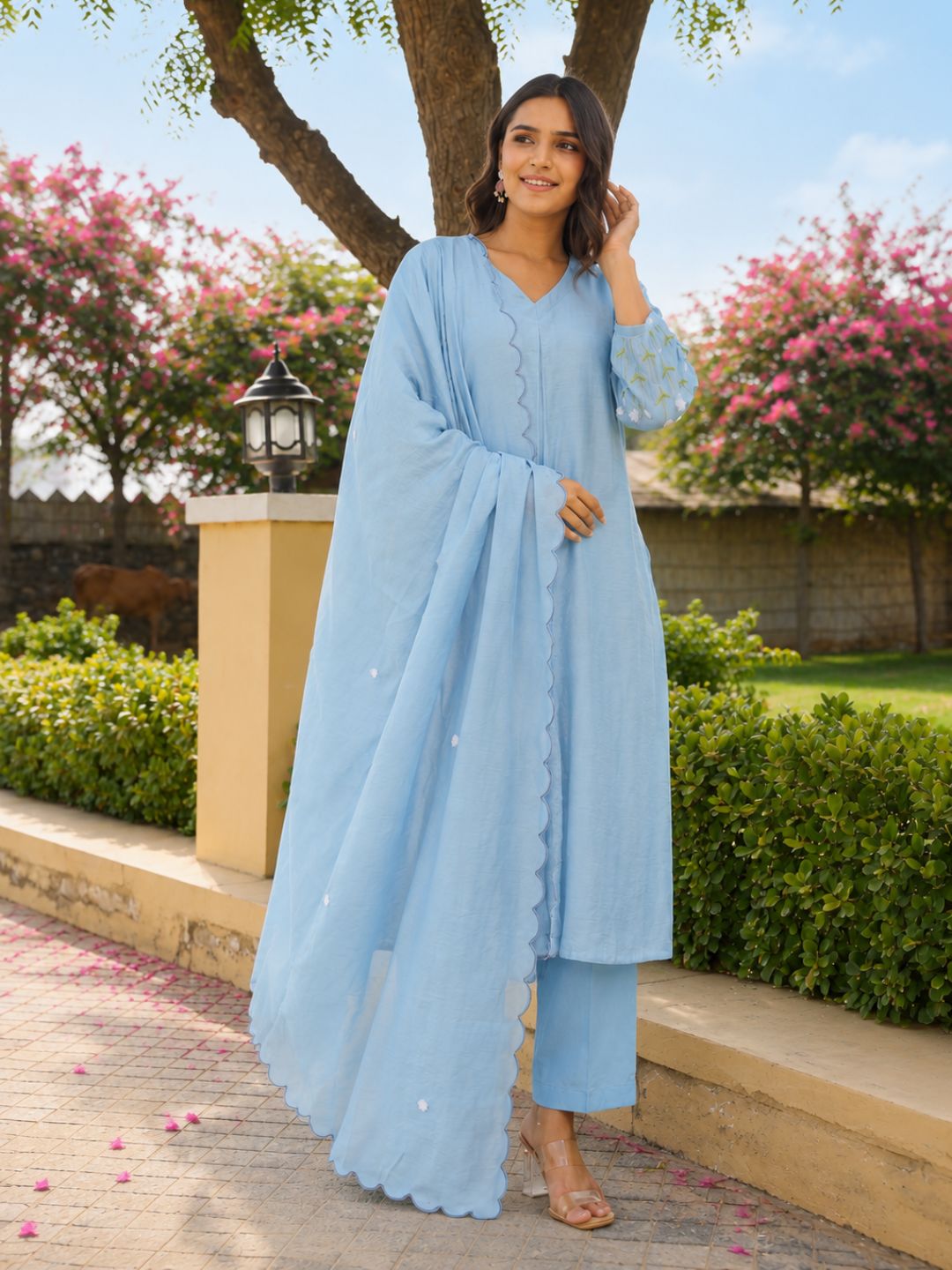 Bluebell Floral Aari Work Chanderi Kurta Set