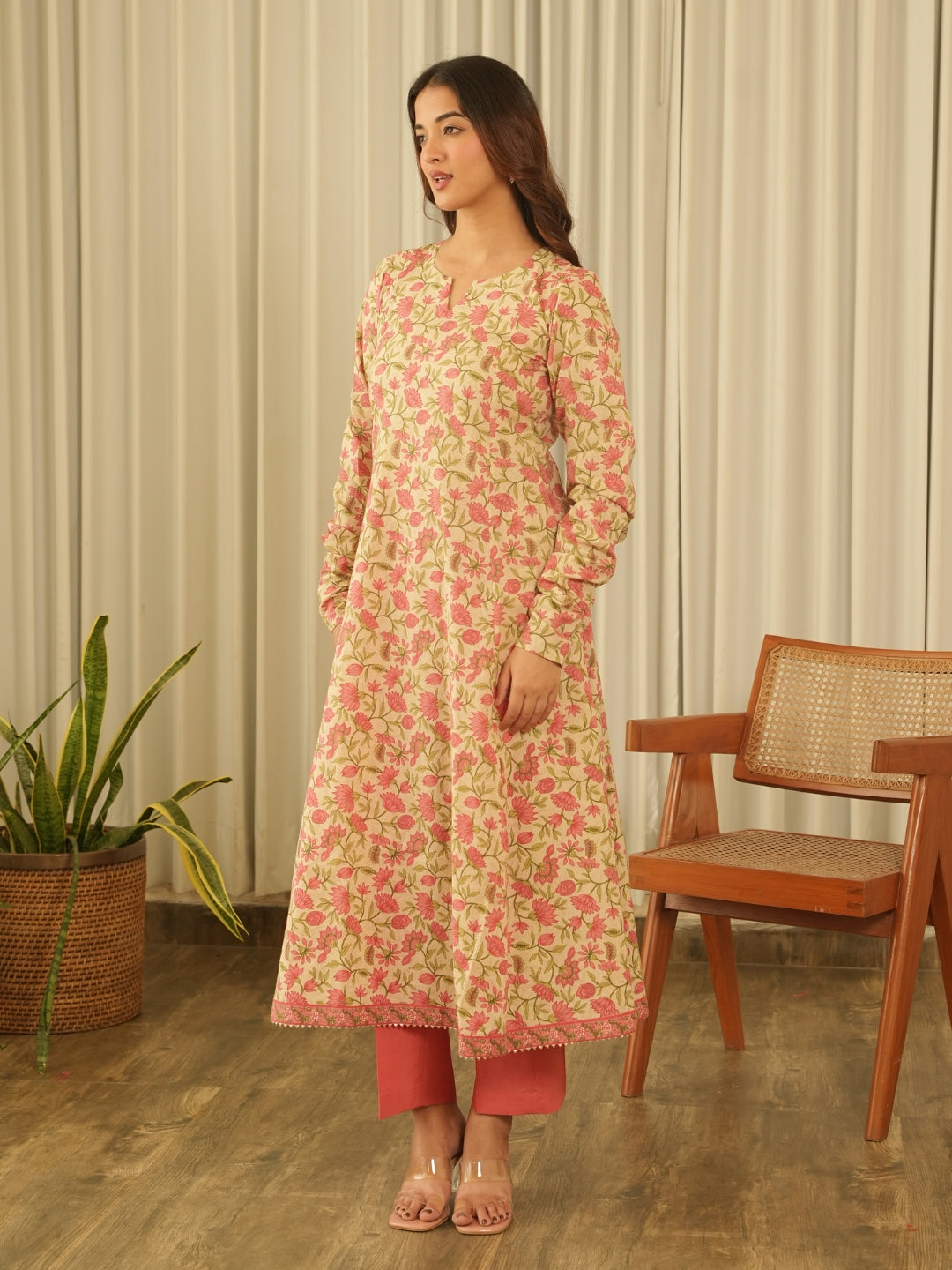 Peach Floral Screen Print Kurta Set with Pant & Dupatta