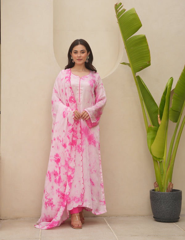 Pink Silk Shibori Mirror  Work Staright Suit Set