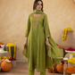 Green Handcrafted Chanderi Mirrorwork Straight Kurta Set