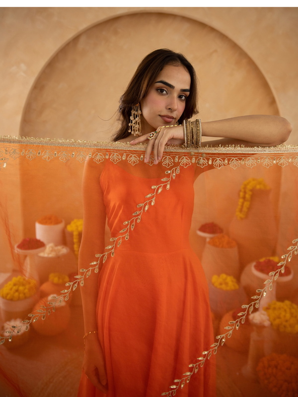 Orange Chanderi Anarkali with Aari Work & Sequin Embellished  Dupatta