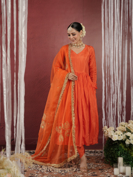 CHAAND ORANGE SILK SUIT SET WITH DHOTI BOTTOM