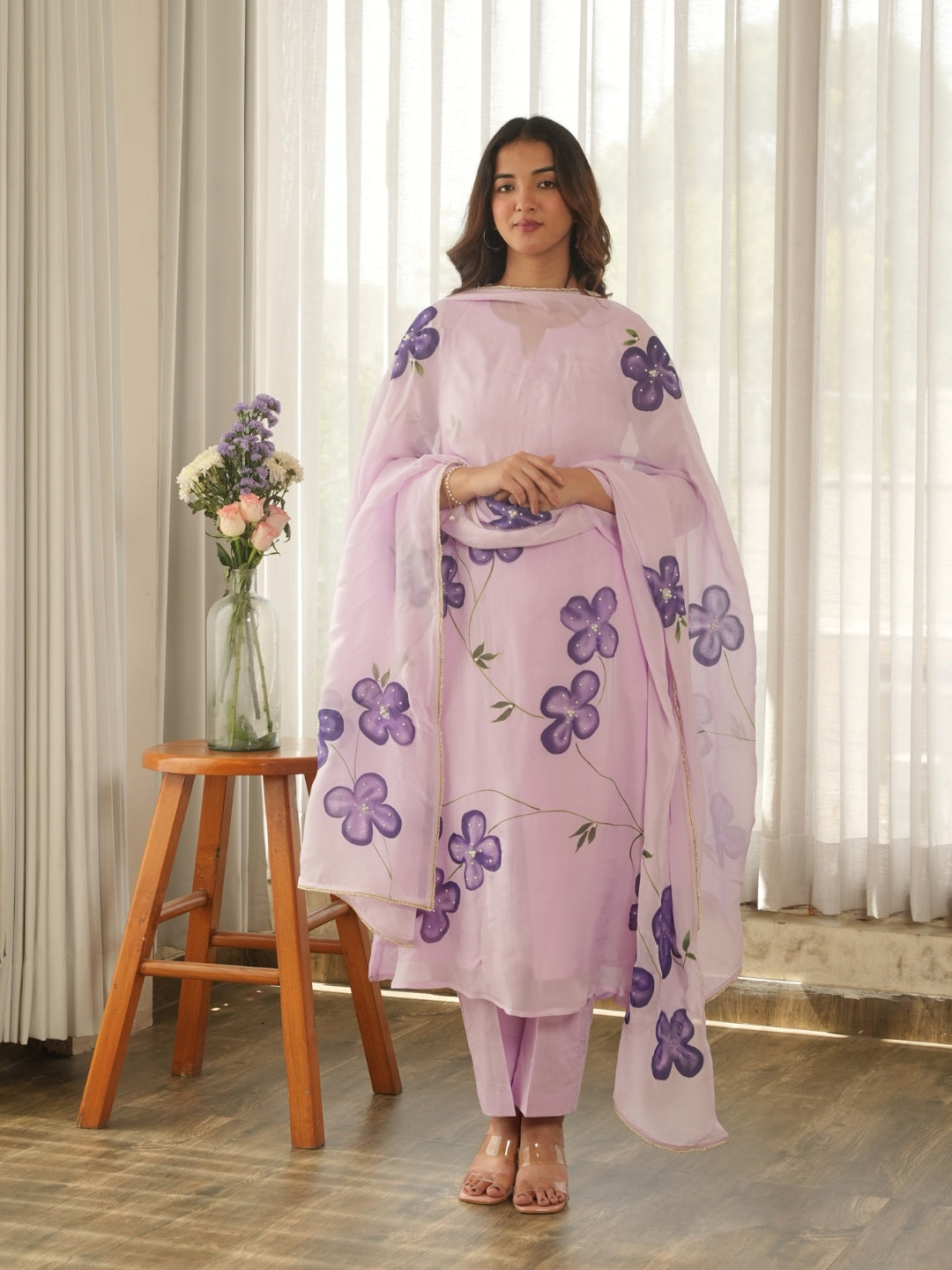 Light Lilac Hand Paint Soft Organza Suit Set