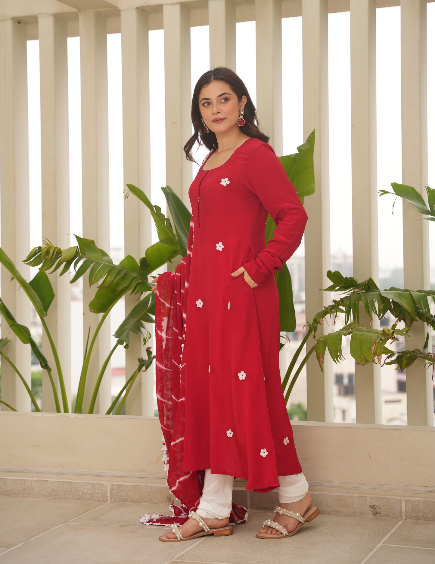 Red Silk Embroidered Leheriya Suit Set