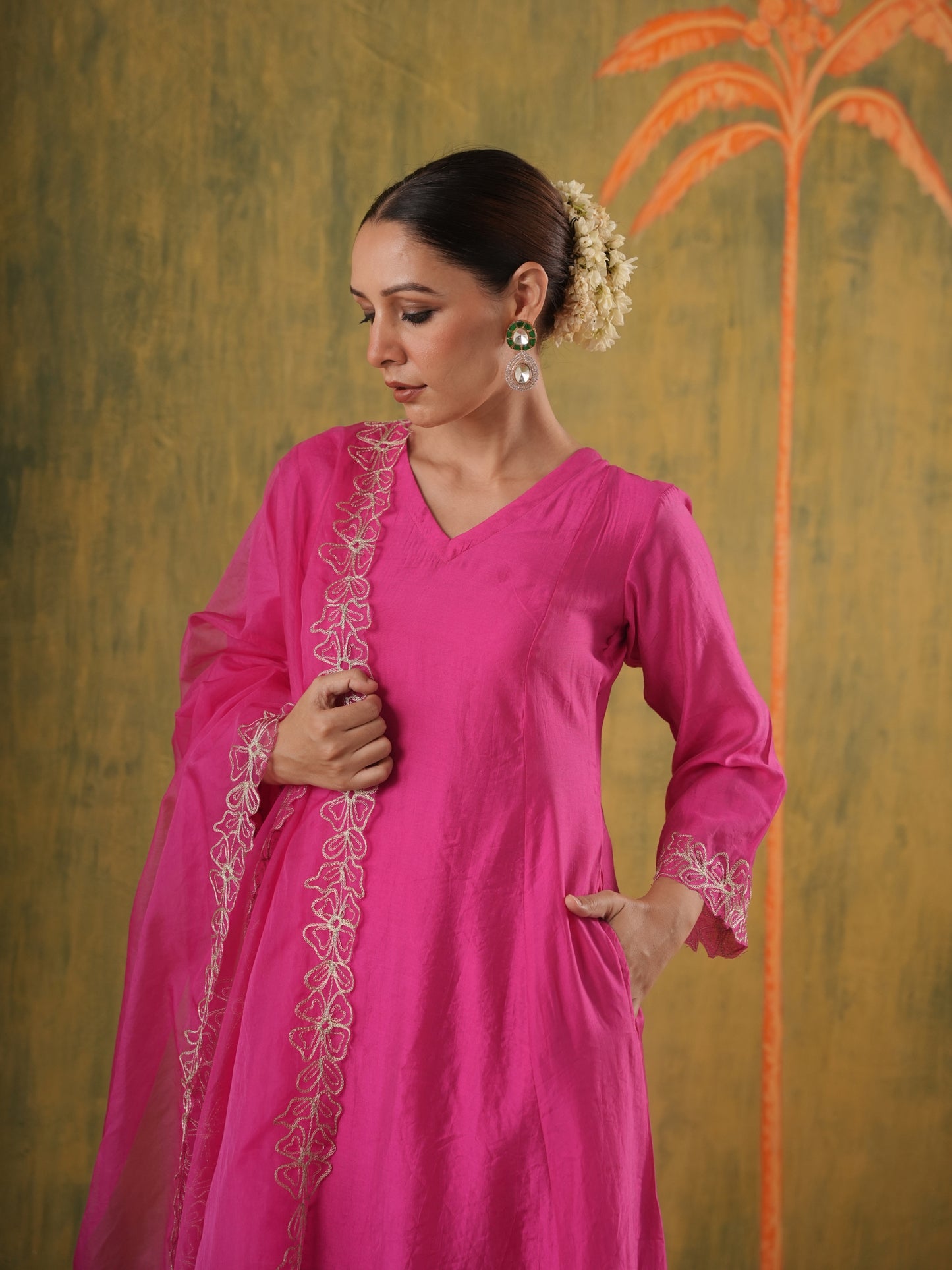 Roohani Pink Chanderi Floral Cutwork Suit Set