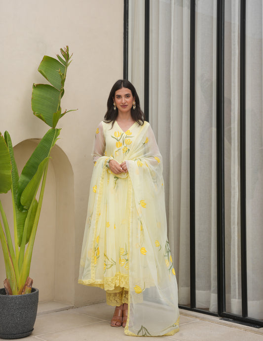 Periwinkle Yellow Chiffon Handpaint Suit Set
