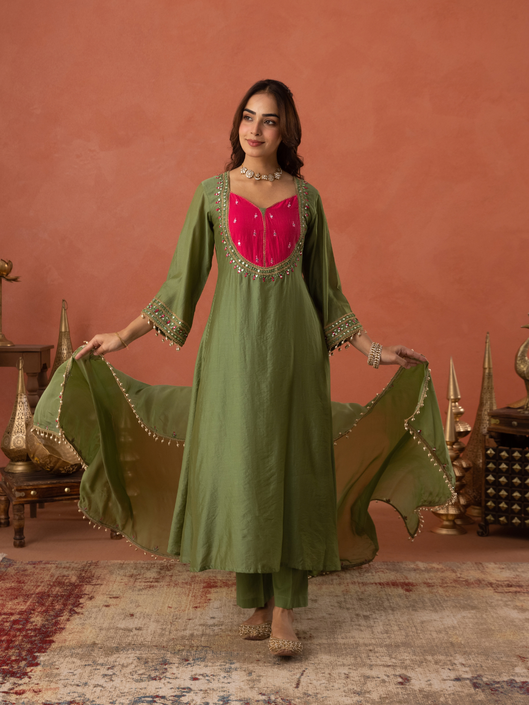Olive Green Chanderi Mirrorwork A- Line Kurta Set