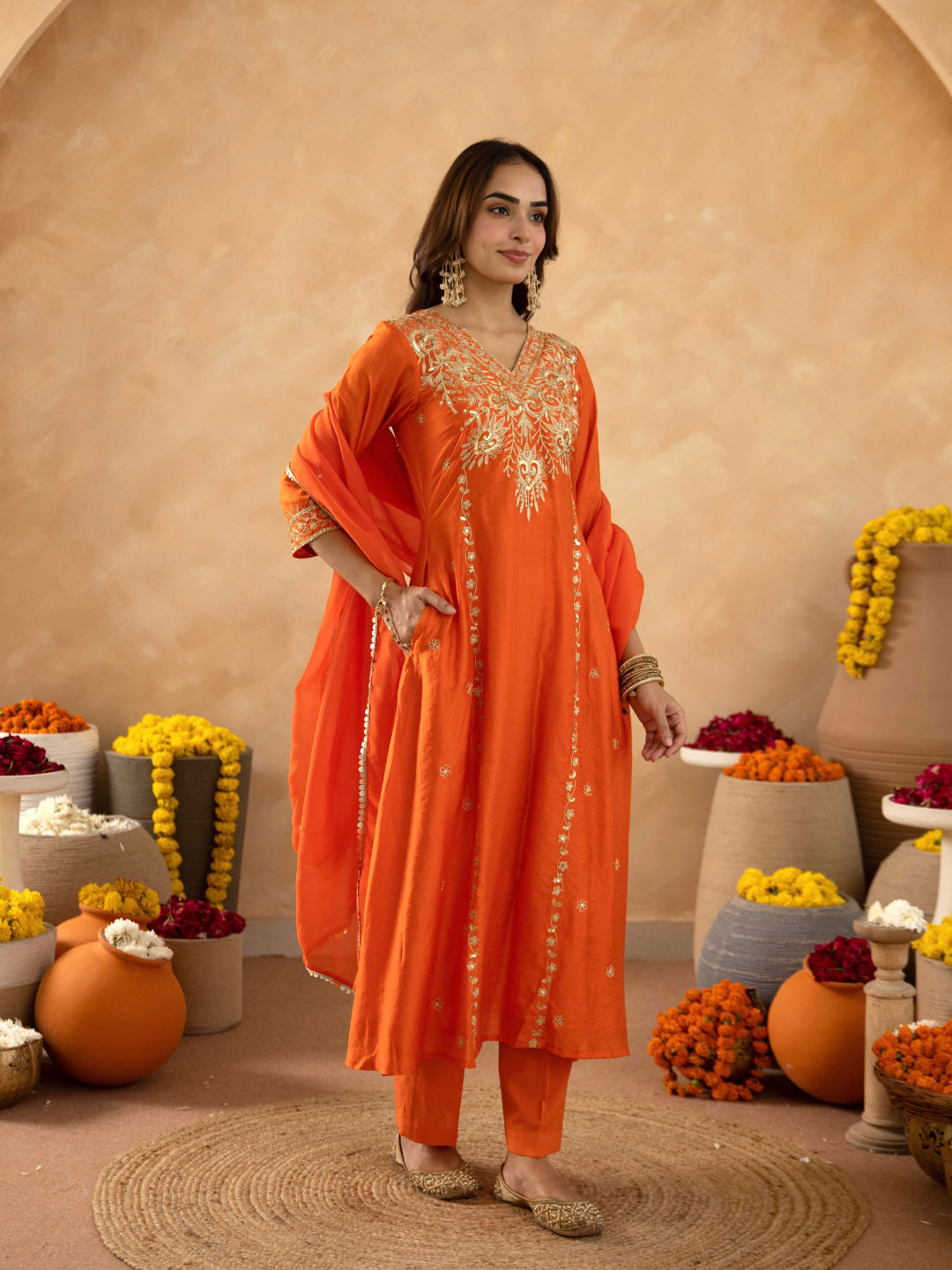 Rust Brown Chanderi A- Line Suit with Aari and Sequnce Work  Detailing
