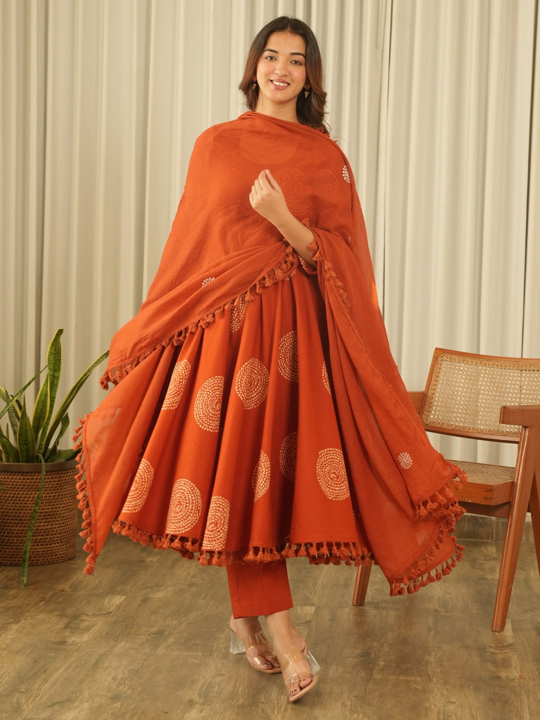 Rust Orange Cotton Screen Print Kurta Set with Pant & Dupatta