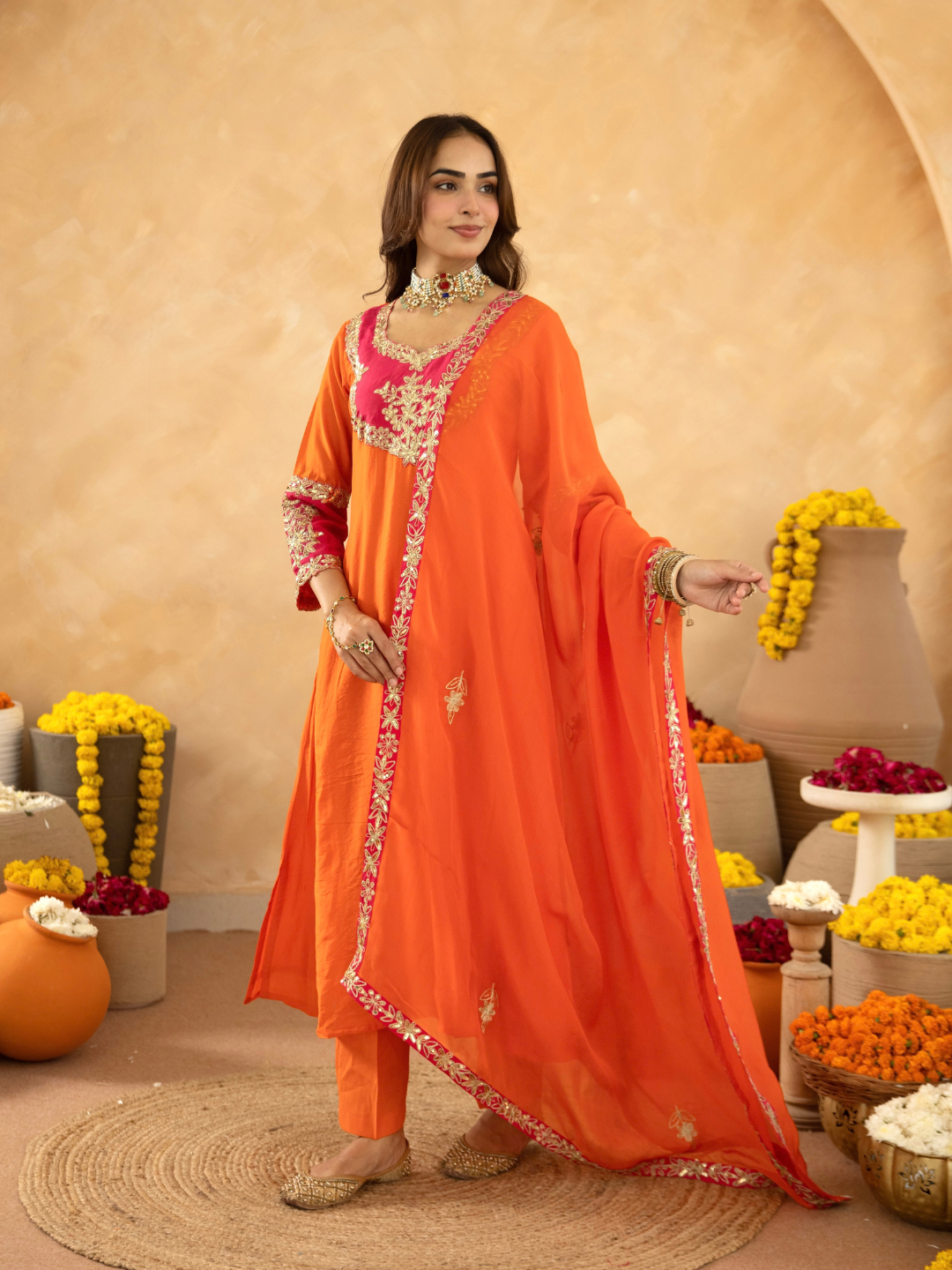 Orange Chanderi A-Line Kurta Set with Handwork Detailing &  Organza Dupatta