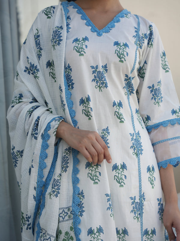 MAGNOLIA WHITE COTTON BLOCK PRINT SUIT SET