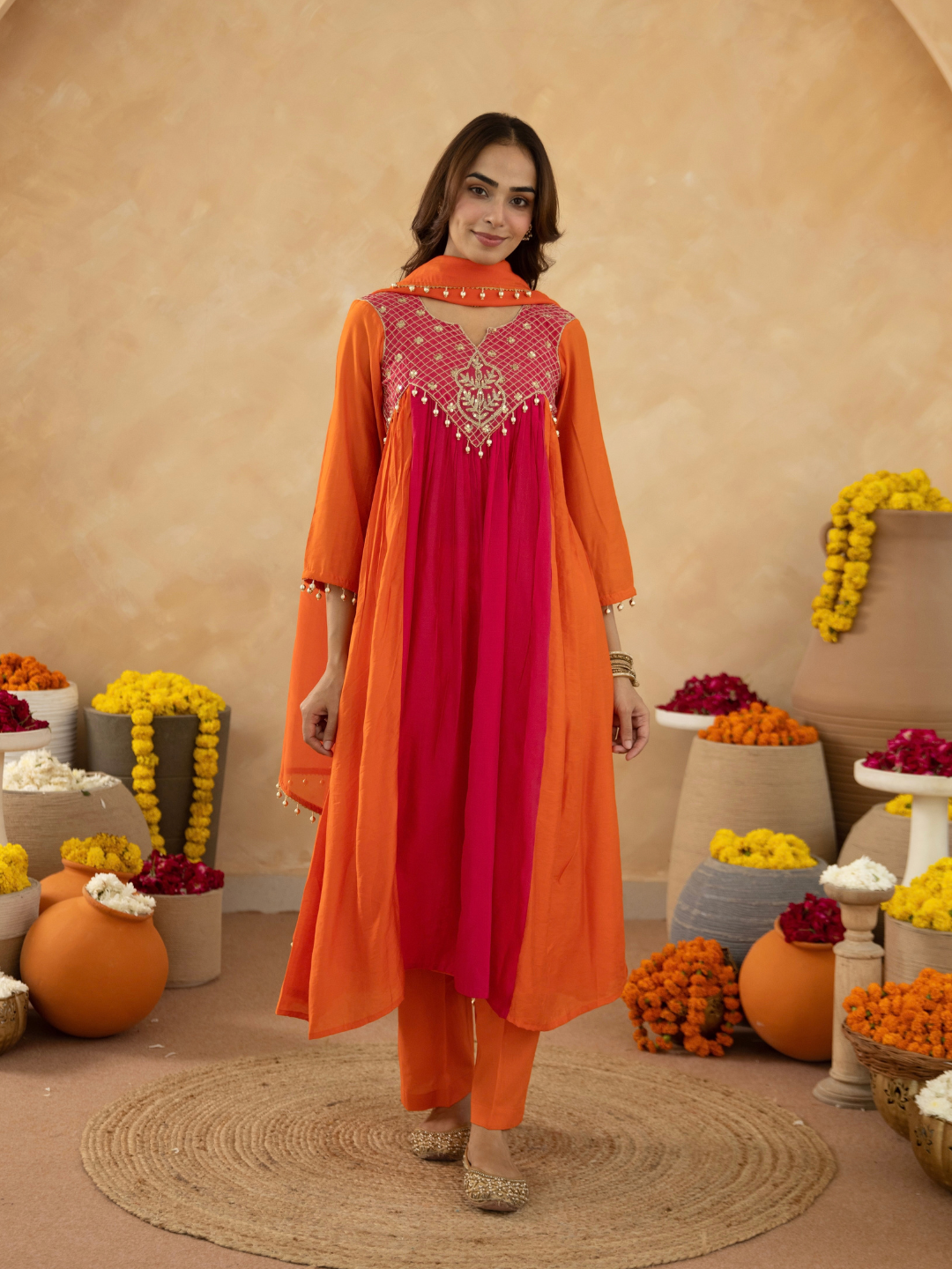 Orange Chanderi Aari & Handwork Gathered Kurta Set