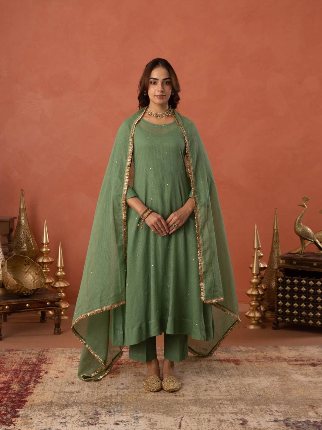 Green Doria Hand Embroidered A- Line Kurta  Set