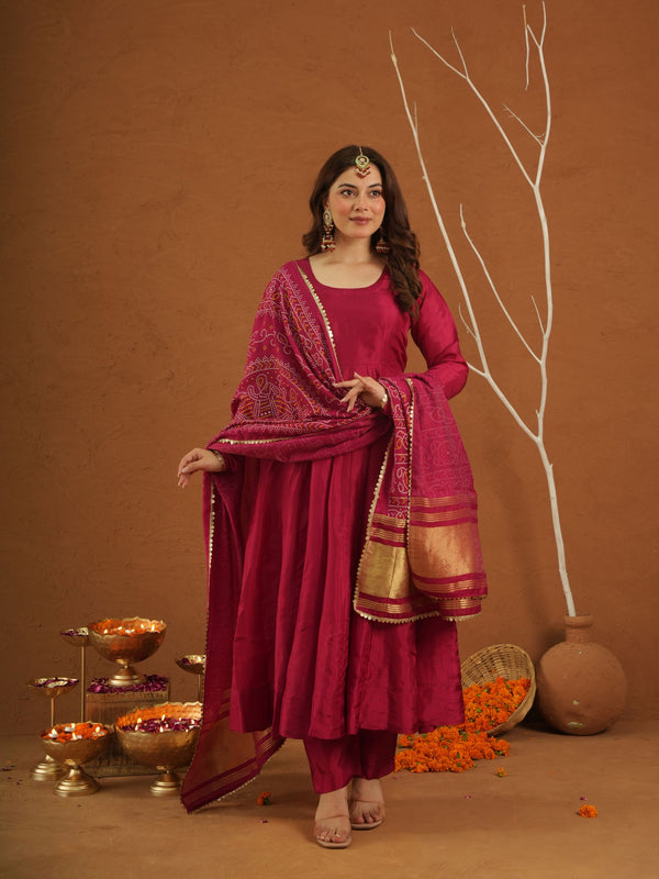 Heer Pink Silk Anarkali Set With Bandhej Dupatta