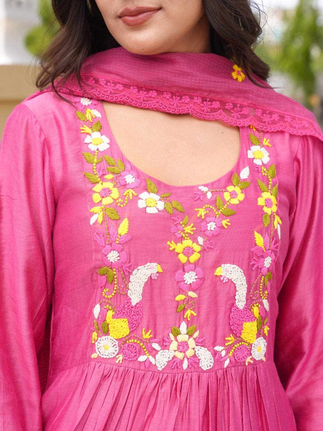 Rose Pink Floral Handwork Chanderi Kurta Set
