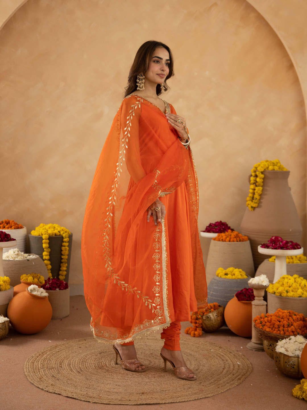 Orange Chanderi Anarkali with Aari Work & Sequin Embellished  Dupatta