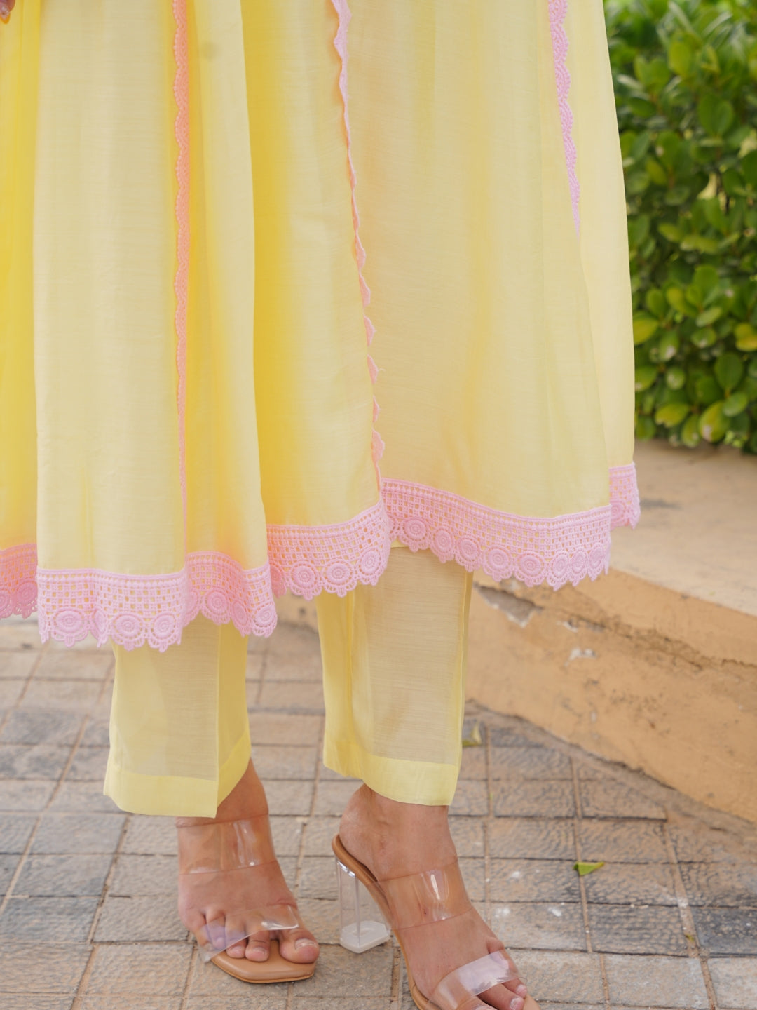 Pastel Yellow Chanderi Lace Work Kurta Set