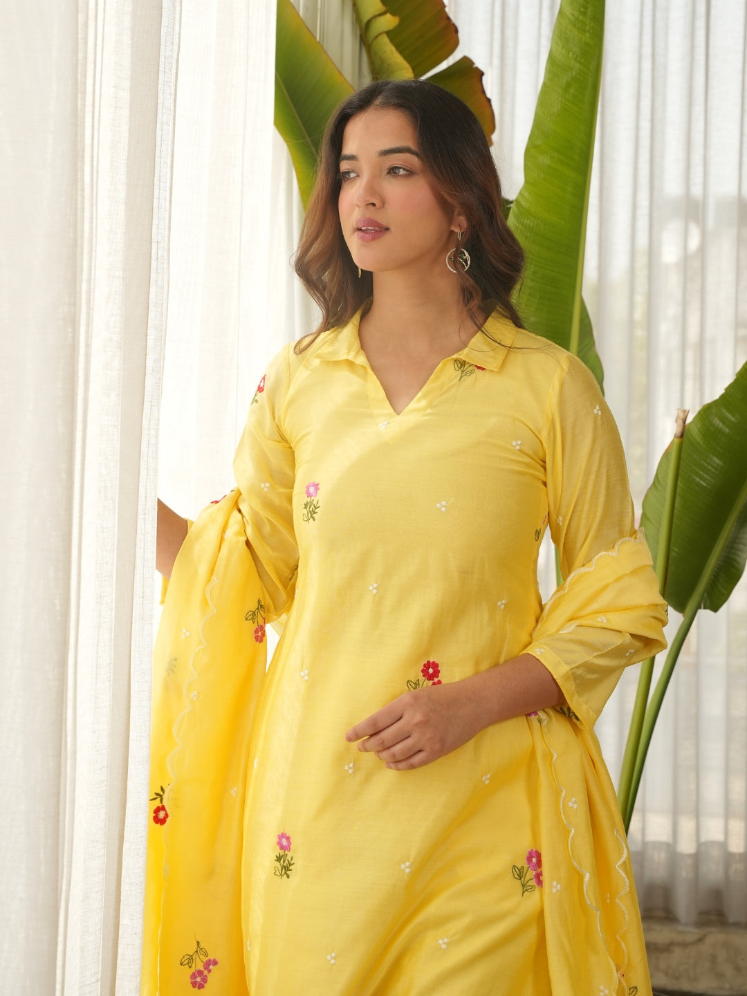 Lemon Yellow Embroidered Chanderi Kurta Set with Pants & Dupatta