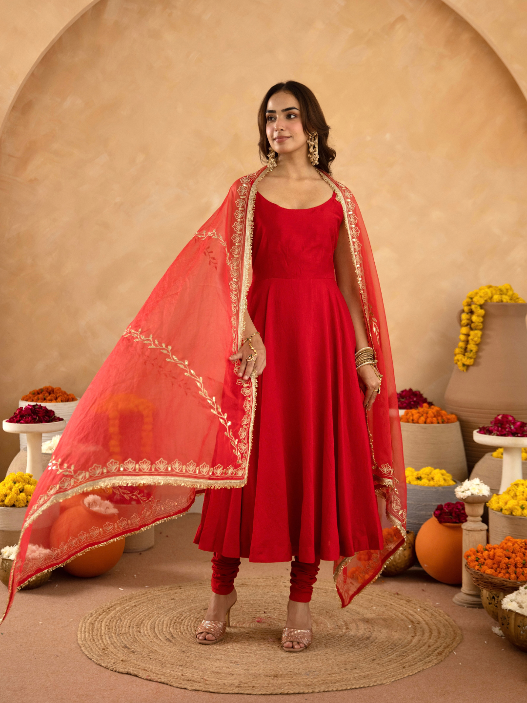 Red Chanderi Anarkali with Aari Work & Sequin Embellished  Dupatta