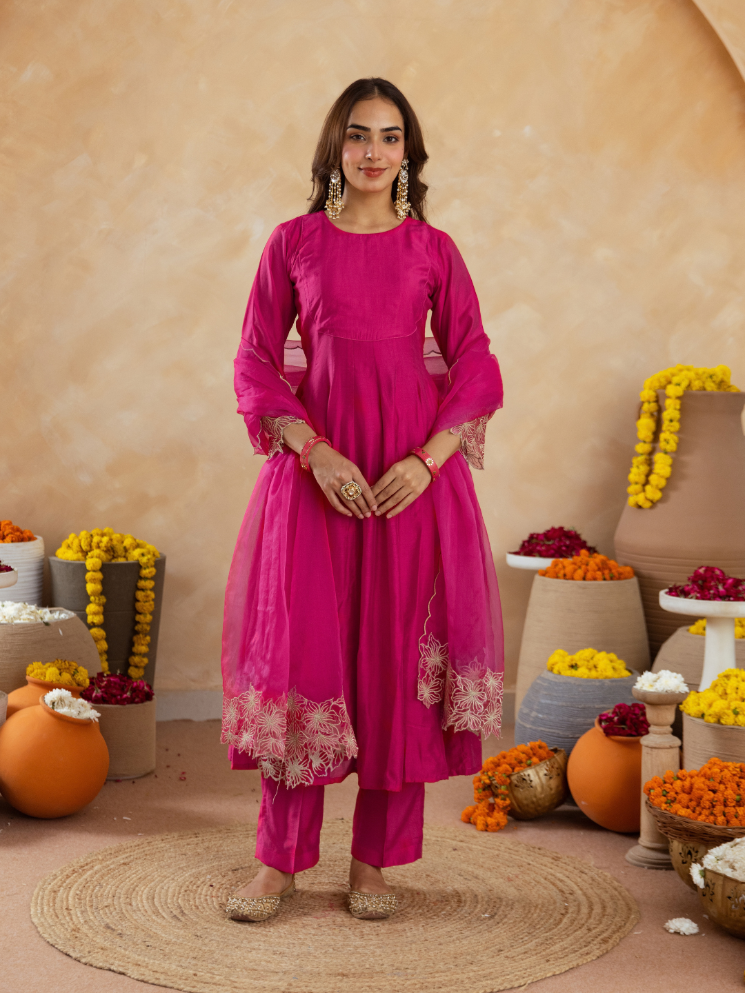 Fuchsia Pink Chanderi Embroidered Kurta Set with  Organza Dupatta