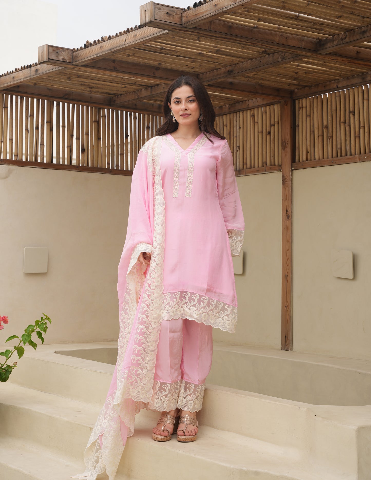 Ella Baby Pink Silk Straight Suit Set