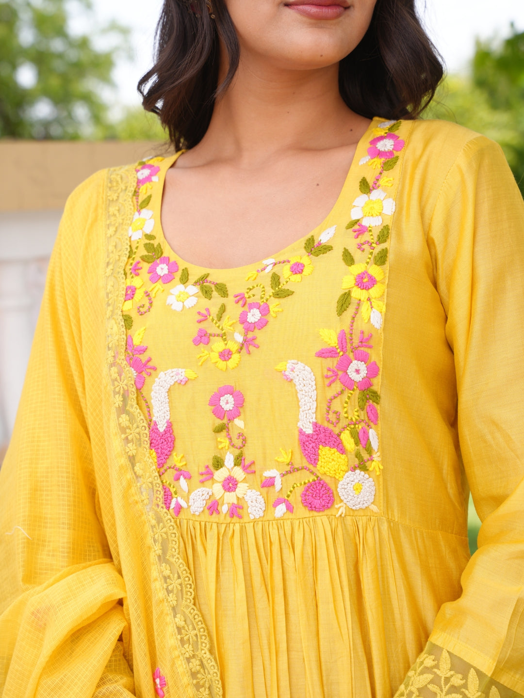 Mustard Floral Handwork Chanderi Kurta Set