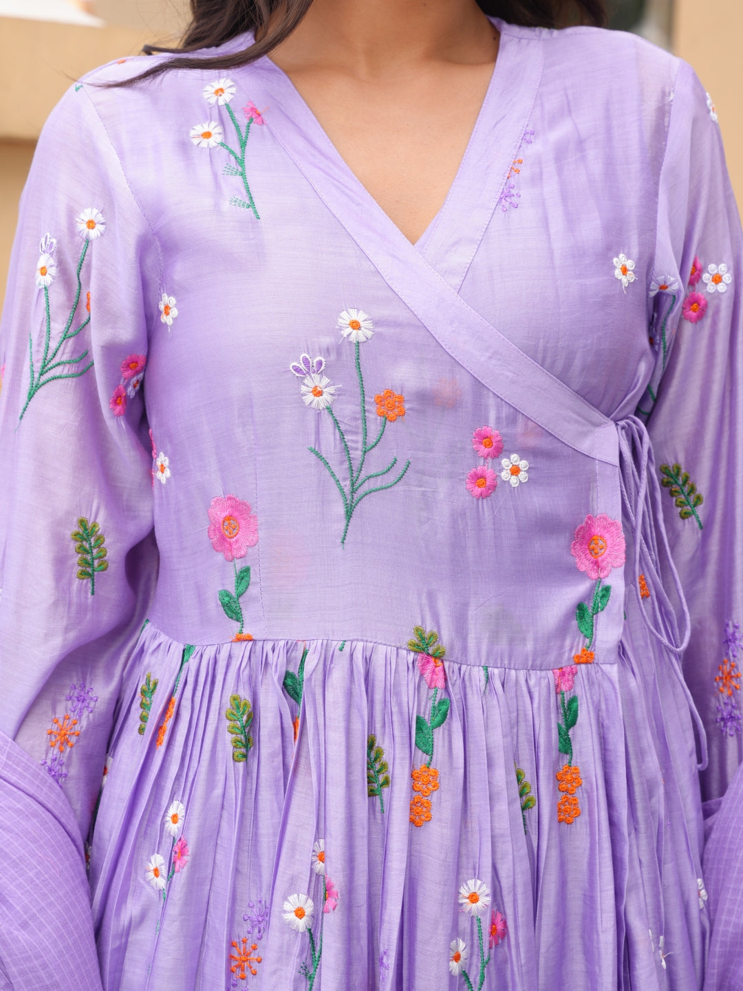 Lavender Daisy Chanderi Angrakha Kurta Set