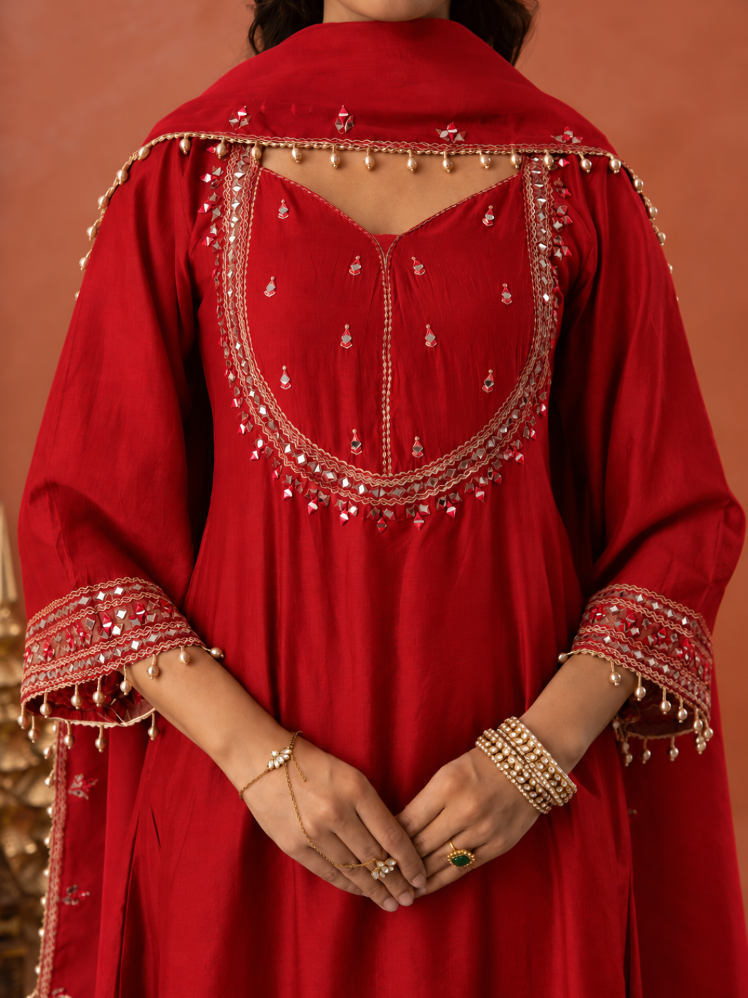 Red Chanderi Mirrorwork A- Line Kurta Set