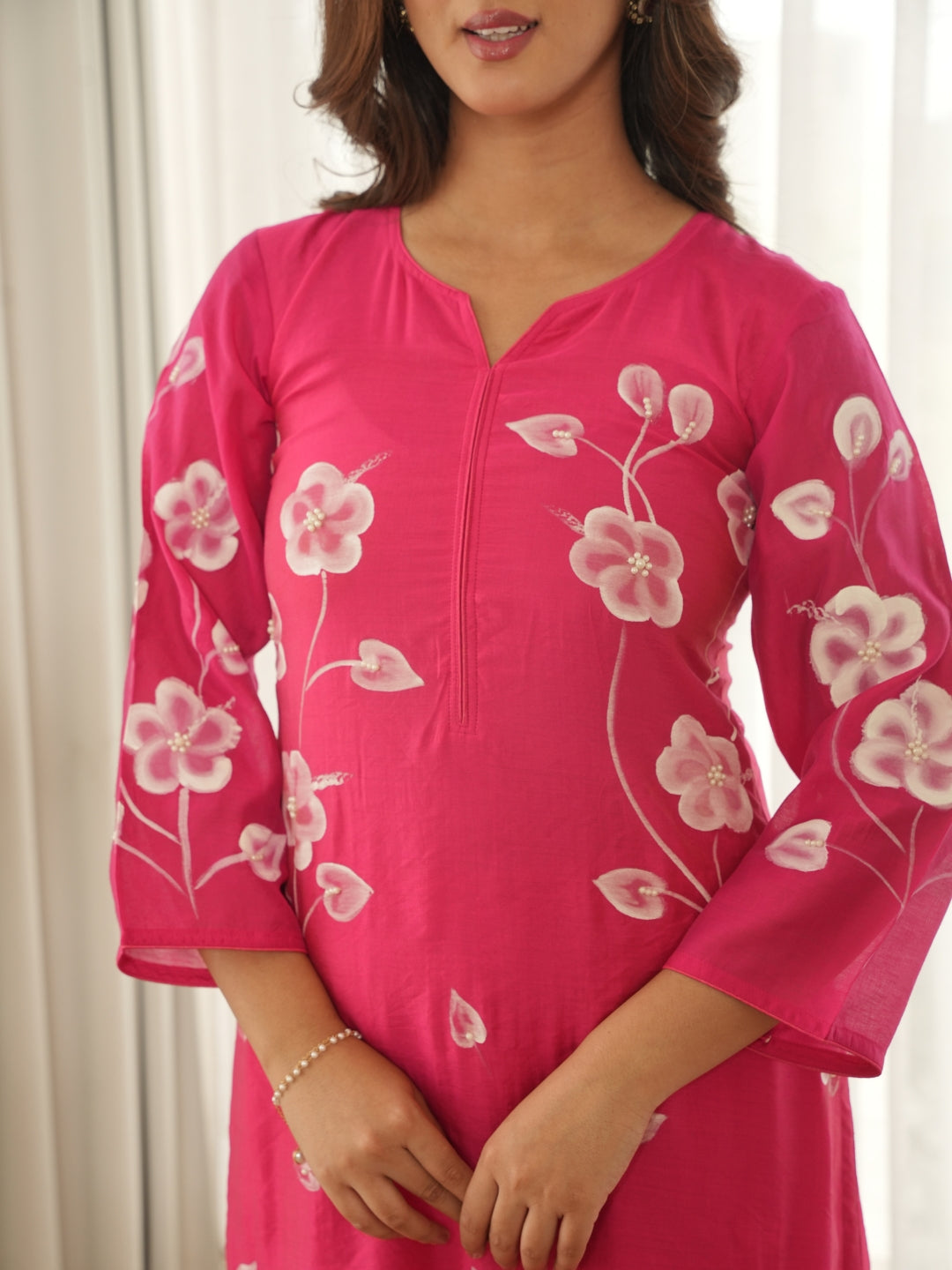 Ruby Bloom Hand-Painted Chanderi Kurta Set with Pearl Work