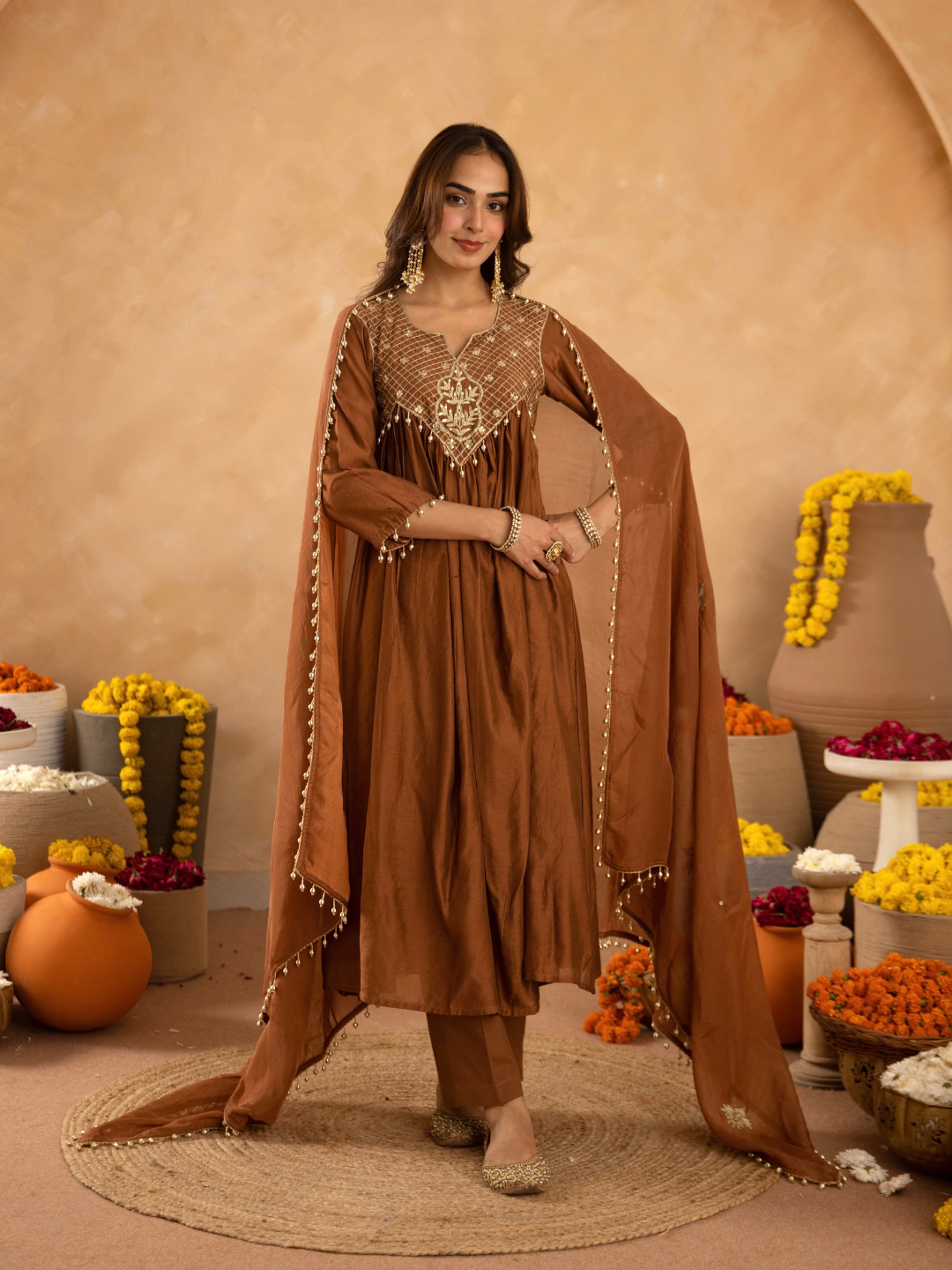 Brown Chanderi Aari & Handwork Gathered Kurta Set